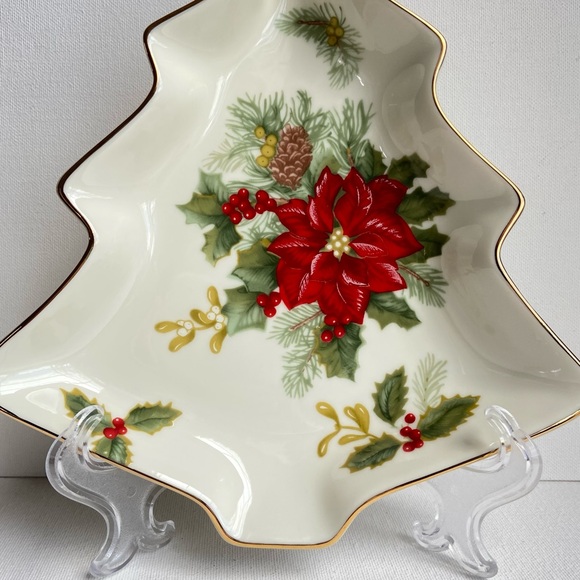 Mikasa Holiday Bloom porcelain Christmas Tree candy dish poinsettia holly pine - Picture 5 of 9